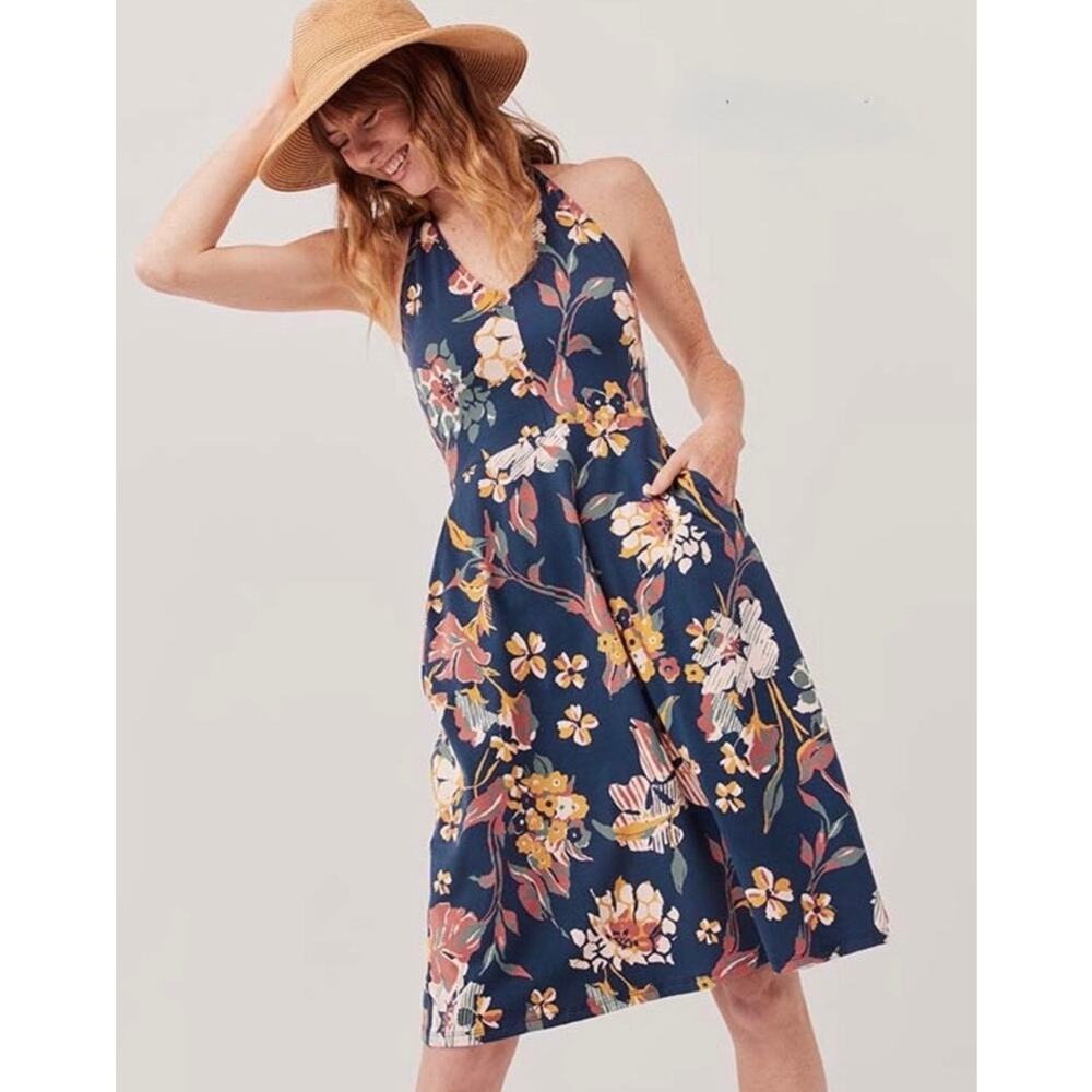 Pact Organic Cotton Floral Halter Midi Dress XS Navy Blue Botanical Pockets